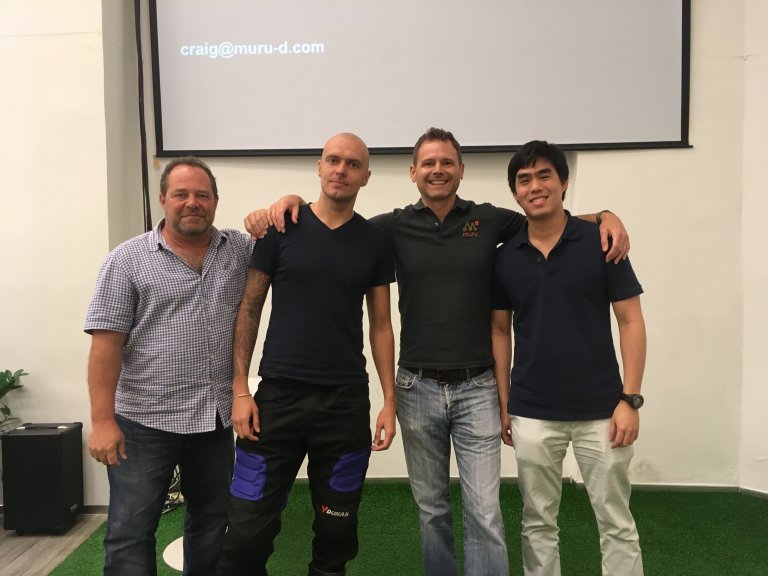 muru-D Singapore Head, Paul Meyers pictured with EiR, Craig Dixon and Golden Ticket Pitch Winners, VokaBee and TIcketMelon in Bangkok, Thailand